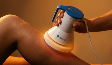 MyoBuddy massage device being used on a person's thigh for targeted muscle massage and recovery.