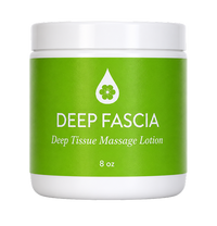 A white plastic jar of Deep Fascia Deep Tissue Massage Lotion with a bright green label, shown on a plain white background.