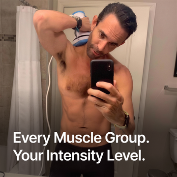 Man using a MyoBuddy percussion massager on his shoulder, with text reading Every Muscle Group, Your Intensity Level